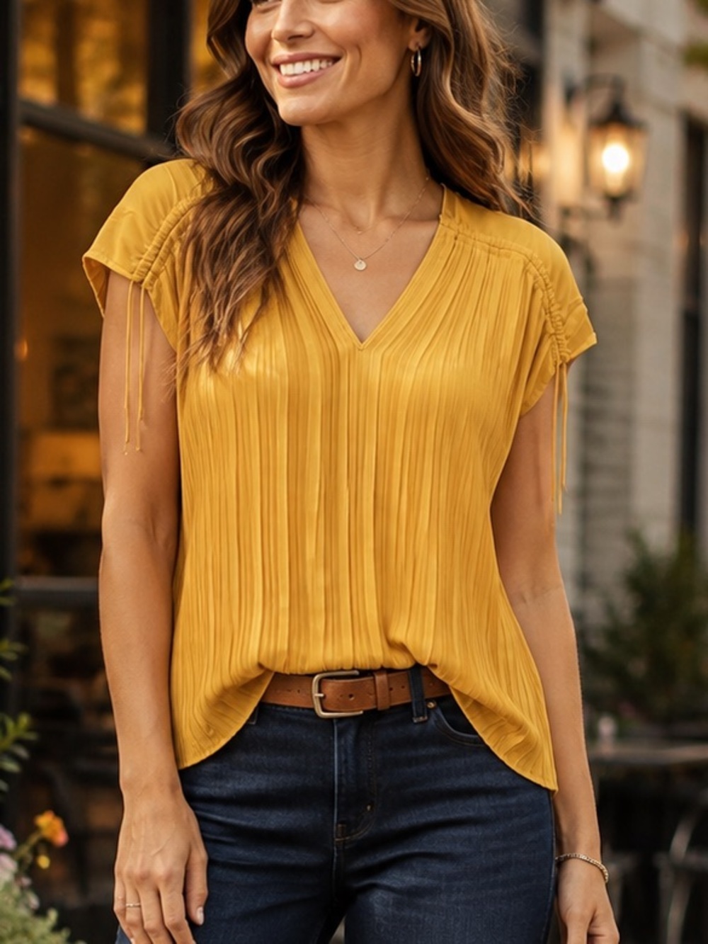 Attitudes by Renée Mustard Yellow Pleated V-Neck Top